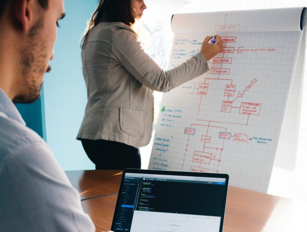 two employees writing on a big notepad